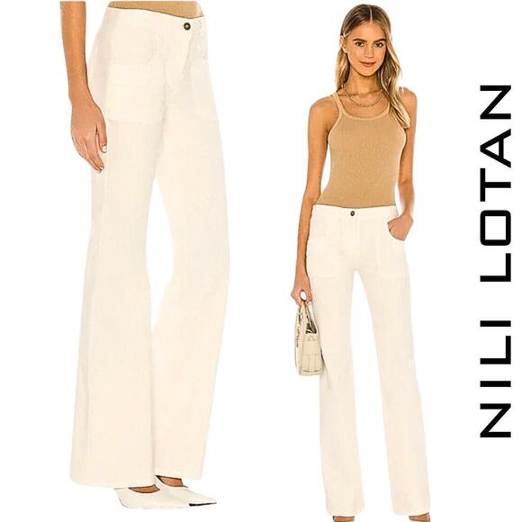 Nili Lotan NWT Oakland Wide-Leg Stretch Twill Pant in Eggshell Women's Size 6 - Picture 1 of 10